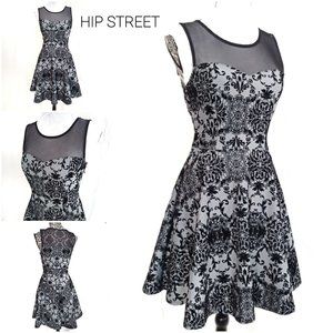 TRIXXI Tapestry Flocked Mesh Sweetheart Top Sleeveless Swing Skirt Party Dress M
